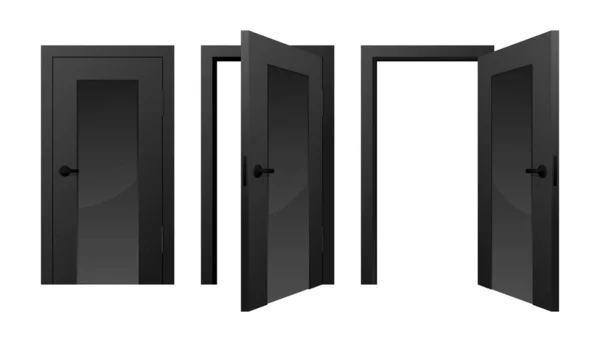 Öppen Och Stängd Svart Realistisk Dörr Entré Realistisk Dörröppning Isolerad — Stock vektor