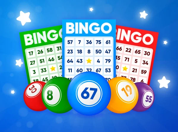 stock vector Lottery tickets and number balls. Lotto bingo cards with numbers, keno gambling. Colorful betting sheets with lucky numbers. Gaming industry and casino advertising. Vector Illustration