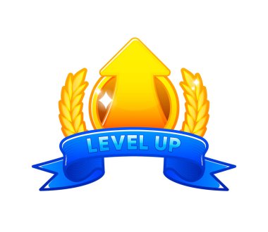 Sancak seviyesini yükseltin. Oyun etiketi. 2 boyutlu oyunlar için logo. Mobil veya web oyunlarında kullanılabilir. Çizgi film tarzı. Vektör illüstrasyonu