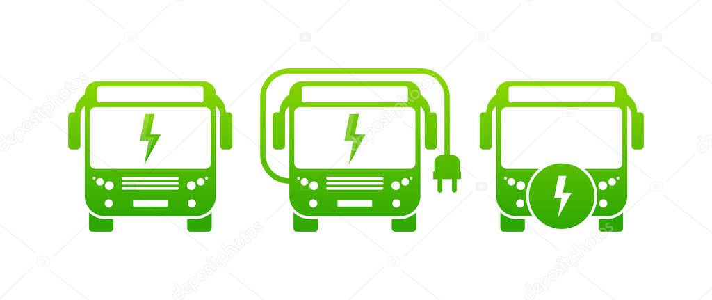 Collection of green electric bus icons with plug. Electric city bus charger place. Recharger battery station for bus. Icons for infrastructure. Vector illustration