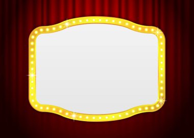 Ampullü Retro aydınlatma şablonu. Tahta arka planda izole. Reklam panoları, parti, promosyon ve satış afişleri, sinema veya restoran. Vektör illüstrasyonu