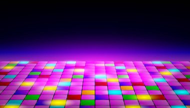 Açık alanda dans pisti. Gece disko partisi. Neon retro dans pistinin arka planı. Vektör illüstrasyonu