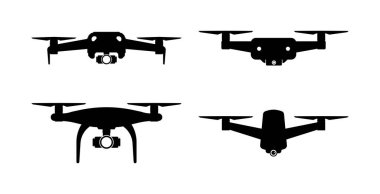 Beyaz arka planda kuadkopter ve uçan dron simgeleri. Hareket kameralı bir kuadrokopter. Fotoğraf ve video. Vektör illüstrasyonu