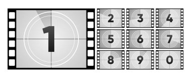 Geri sayım Çerçevesi. Retro tasarım. Eski film zamanlayıcısı. Klasik sinema. Sayı sayısı. Vektör illüstrasyonu