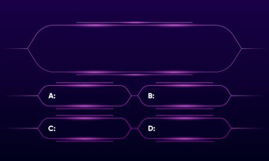 Bilgi yarışması ya da entellektüel meydan okuma şablonu. Sınav neon şablonu. Televizyon programı ya da ıvır zıvır oyunu. Çerçevelerde soru ve cevap seçenekleri olan ekran. Vektör illüstrasyonu