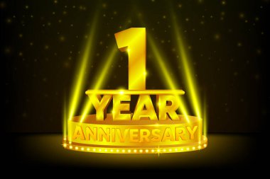 1. Yıldönümü Kutlaması. Yıldönümü podyumu. Yıldönümü konsepti. Siyah arka planda altın sahne. Vektör illüstrasyonu