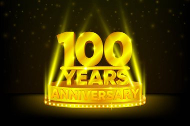 100 Yıldönümü Kutlaması. Yıldönümü podyumu. Yıldönümü konsepti. Siyah arka planda altın sahne. Vektör illüstrasyonu
