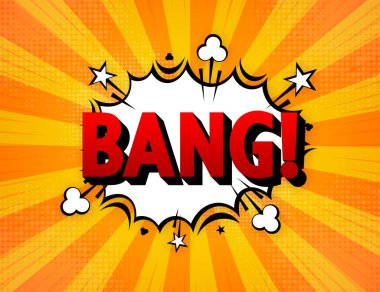 Çizgi roman Pop Art bulut baloncuğu ve metin bang. Komik konuşma balonu. Popüler sanat retro komedi tarzında modaya uygun bir pankart. Vektör illüstrasyonu