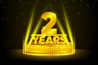 2. Yıldönümü Kutlaması. Yıldönümü podyumu. Yıldönümü konsepti. Siyah arka planda altın sahne. Vektör illüstrasyonu