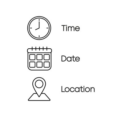 Tarih, Saat ve Konum simgesi. Olay konsepti. İş bilgisi tabelası. Vektör illüstrasyonu