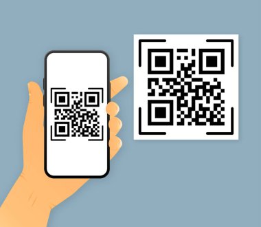 Beni tara. Akıllı telefon için QR kod taraması. Cep telefonu uygulaması, ödeme ve telefonun QR kodu. Vektör illüstrasyonu