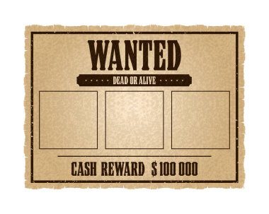 Klasik Western Aranıyor Posteri. Suç fotoğrafı için boş yer. Yüz bin dolarlık nakit ödül. Vektör illüstrasyonu
