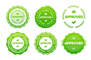 Onaylanmış pul koleksiyonu. Amblem logosunu mühürle. Onay Denetimi İşareti yeşil renk. Vektör illüstrasyonu