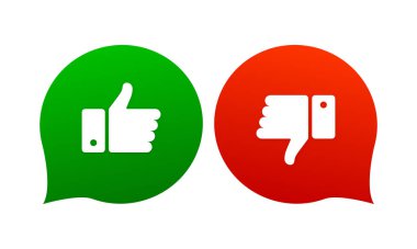 Sevmek ve sevmemek. Başparmağını kaldır ve etiketlere bas. Parmak yukarı ve aşağı işareti. Yeşil ve kırmızı. Vektör illüstrasyonu