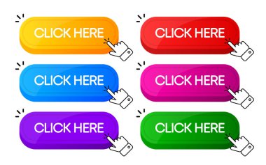 Parmak işaretleyicisi simgesi ile buraya düğme koleksiyonuna tıklayın. Web düğmesine tıklayın. UI düğmesi konsepti. Vektör illüstrasyonu