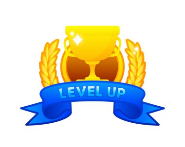 Seviyeyi yükselt. Bir oyun için çizgi film logosu tasarımı, ilerlemeyi sembolize ediyor. Vektör illüstrasyonu