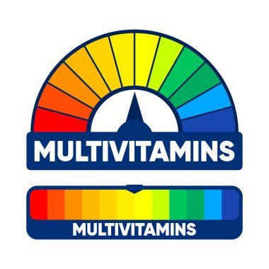 Multivitamin seviyesi. Düz konsept vitaminler. Reklam, sağlık, tıp bilimi için vitamin kompleksi afişi. Besin maddeleri, mineraller vücudun olmazsa olmazıdır. Vektör illüstrasyonu