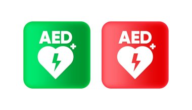 AED etiketleri. Otomatik dış defibrilatör. İlk yardım. AED AID CPR. Vektör illüstrasyonu