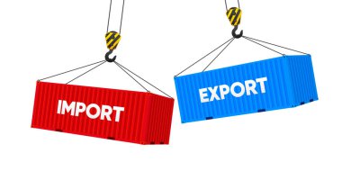 İthalat ve ihracat yapan iki kargo konteynırı. İskele tarafındaki vinç iki kargo konteynırı. Nakliye lojistiği. Vektör illüstrasyonu