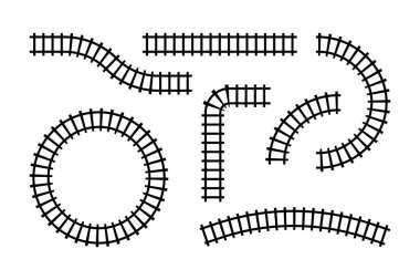 Demiryolu segmentleri koleksiyonu. Demiryolu elementleri üst görünüm. Tren yolu düz ve beyaz arka planda izole edilmiş dalgalı hatlar. Vektör illüstrasyonu