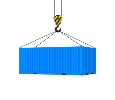 Mavi 3d kargo konteynırı. Ulaşım teslimatı, uluslararası lojistik depo objesi. Nakliye endüstrisi. Vektör illüstrasyonu