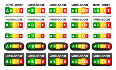 Nutri Puanı etiketleri. 5 Renkli Beslenme etiketi. Paketleme için sağlık hizmetini imzalayın. Vektör illüstrasyonu