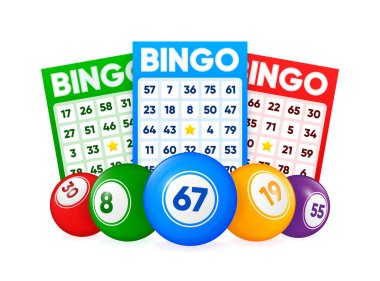 Piyango biletleri ve top numaraları. İçinde numaralar olan piyango tombala kartları, Keno kumarı. Şanslı numaraları olan renkli bahis kağıtları. Kumar endüstrisi ve kumarhane reklamı. Vektör İllüstrasyonu