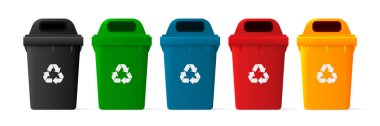 Çöp tenekelerinde çöp. Çöp toplama geri dönüşümü. Geri dönüşüm konsepti. Vektör illüstrasyonu