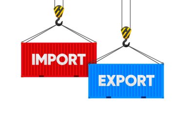 İthalat ve ihracat yapan iki kargo konteynırı. İskele tarafındaki vinç iki kargo konteynırı. Nakliye lojistiği. Vektör illüstrasyonu