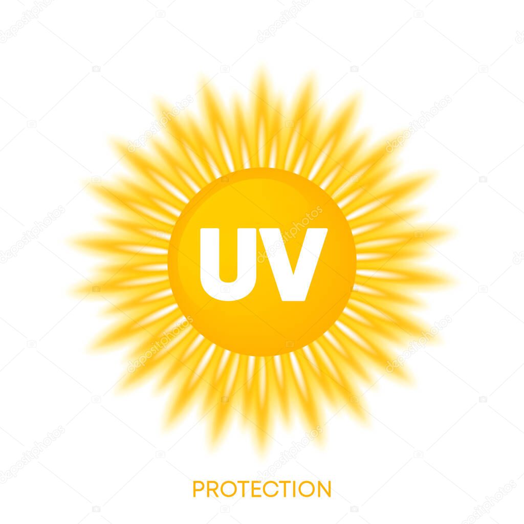 UV Protection. Ultraviolet Rays Icon. Sunblock. Skin care. SPF sun resistant. Sun UV level. Isolated Vector Illustration