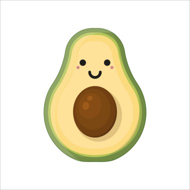 Avokado yeşili, tropik sağlıklı beslenme. Gülen suratlı bir karakter. Olgun avokado meyveleri, avokado dilimi. Sağlıklı gıda konsepti. Vektör illüstrasyonu