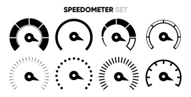 Hız göstergesi simgeleri. Hız göstergesi. Hız göstergeleri ayarlandı. Risk ölçer. Gösterge simgesi koleksiyonu. Vektör illüstrasyonu