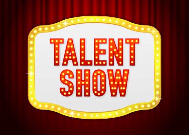 Ampul tasarımlı yetenek gösterisi afişi. Yetenek festivali. Retro ampullü 3 boyutlu yazı tipi. Kumarhane tarzı metin. Vektör illüstrasyonu