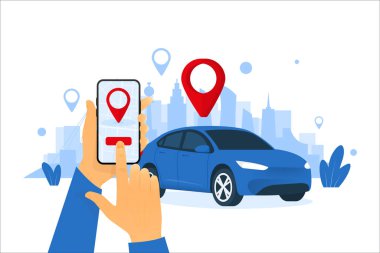 Car sharing service concept. Online car rental service. Car key in smartphone app. Phone with location mark. Vehicle remote parking. Vector illustration