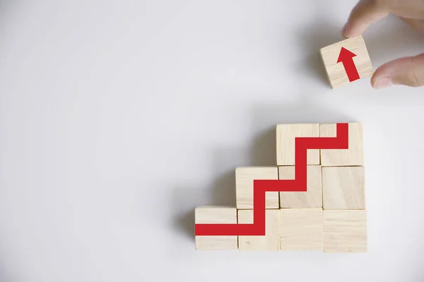 Wooden Blocks Stacking Step Stair Red Arrow Blue Background Business — Foto de Stock