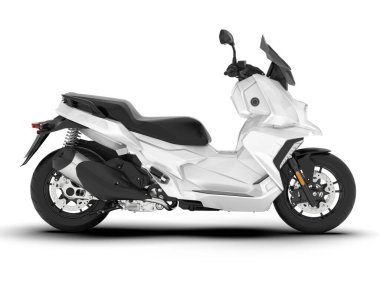 Beyaz arka planda beyaz motosiklet izole edilmiş. 3d görüntüleme - illüstrasyon