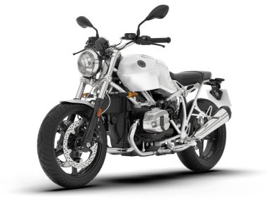 Beyaz arka planda beyaz motosiklet izole edilmiş. 3d görüntüleme - illüstrasyon