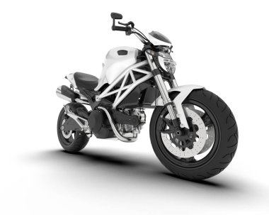 Beyaz arka planda beyaz motosiklet izole edilmiş. 3d görüntüleme - illüstrasyon