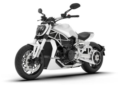 Beyaz arka planda beyaz motosiklet izole edilmiş. 3d görüntüleme - illüstrasyon