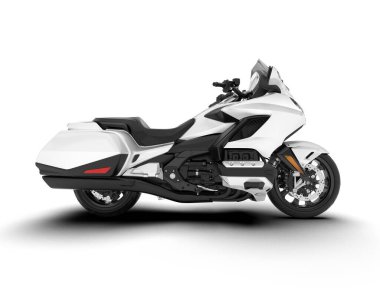 Beyaz arka planda beyaz motosiklet izole edilmiş. 3d görüntüleme - illüstrasyon