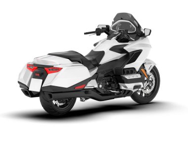 Beyaz arka planda beyaz motosiklet izole edilmiş. 3d görüntüleme - illüstrasyon