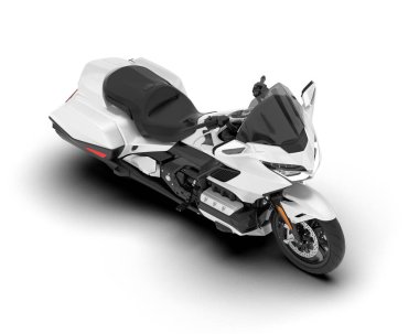 Beyaz arka planda beyaz motosiklet izole edilmiş. 3d görüntüleme - illüstrasyon