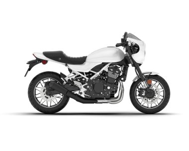 Beyaz arka planda beyaz motosiklet izole edilmiş. 3d görüntüleme - illüstrasyon