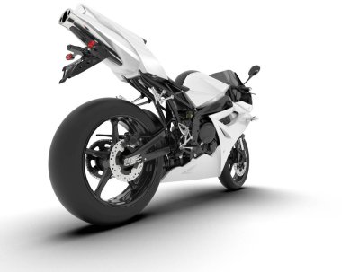 Beyaz arka planda beyaz motosiklet izole edilmiş. 3d görüntüleme - illüstrasyon