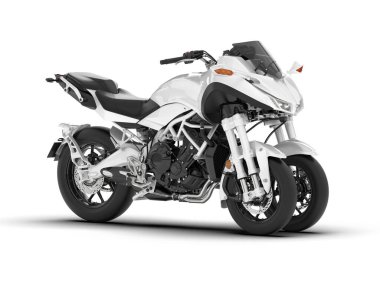 Beyaz arka planda beyaz motosiklet izole edilmiş. 3d görüntüleme - illüstrasyon