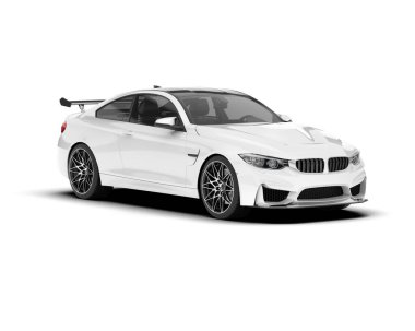 Beyaz arka planda izole edilmiş beyaz spor araba. 3d görüntüleme - illüstrasyon