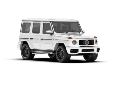 Beyaz SUV beyaz arka planda izole edilmiş. 3d görüntüleme - illüstrasyon