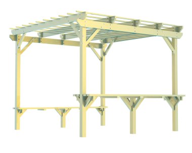 Pergola çatısının 3 boyutlu modeli. Bina inşaatının grafik illüstrasyonu 