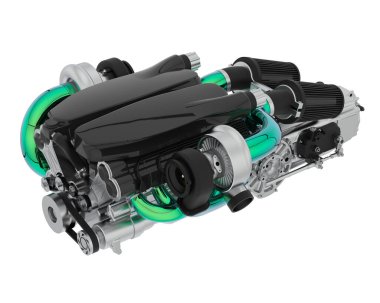 Beyaz arka planda araba motoru var. 3 boyutlu görüntüleme. Yan görünüm