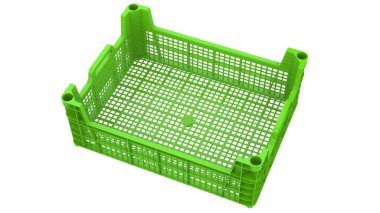 Arka planda izole edilmiş meyve ve sebzeler için boş plastik sandık. 3d görüntüleme - illüstrasyon